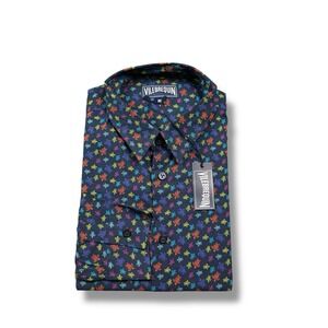 NWT $300 Vilebrequin Lightweight Cotton Shirt Navy Micro Rainbow Turtles AOP M